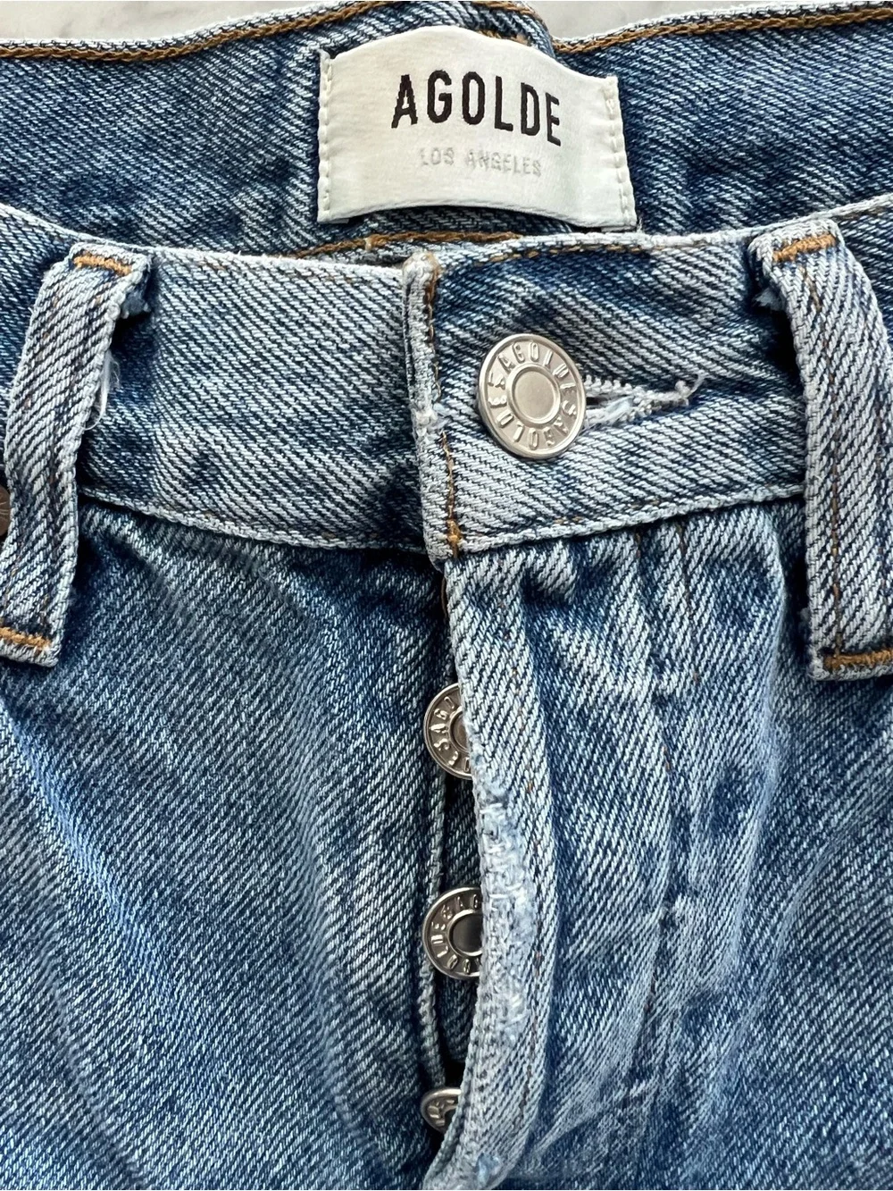 AGOLDE Parker Long High-Rise Cutoff Shorts Skywave Blue Wash Size 26